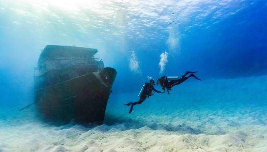 A couple is holding hands under water by a shipwreck