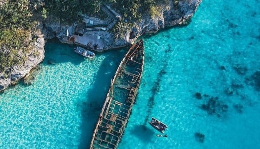 An aerial view of a shipwreck off the coast of Bermuda