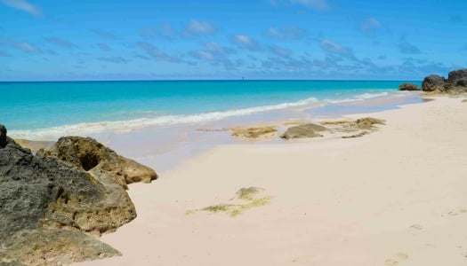 A secluded west whale bay beach with turquoise waters and pink sand.