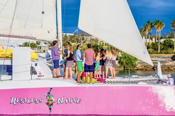 A group of partiers on a Restless Native catamaran in Bermuda