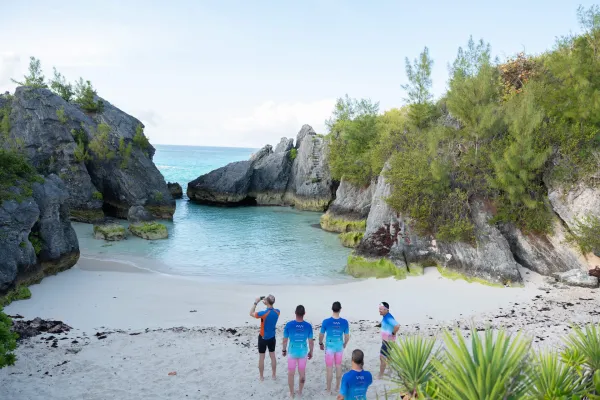 A team of swimmers on the shore of a cove in Bermuda