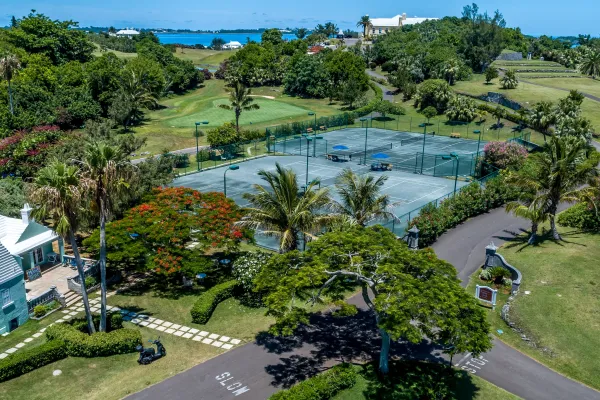 Two tennis courts surrounded by greenery