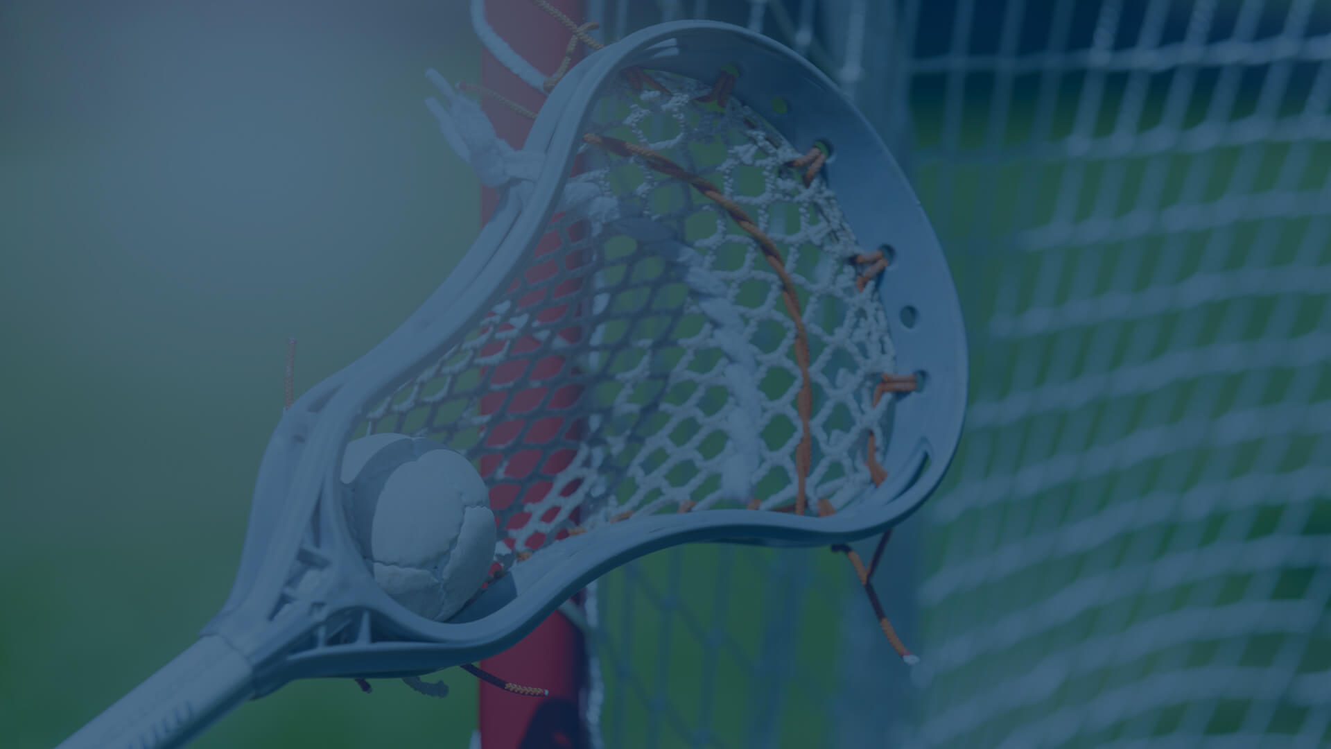 Lacrosse stick holding lacrosse ball in front of net