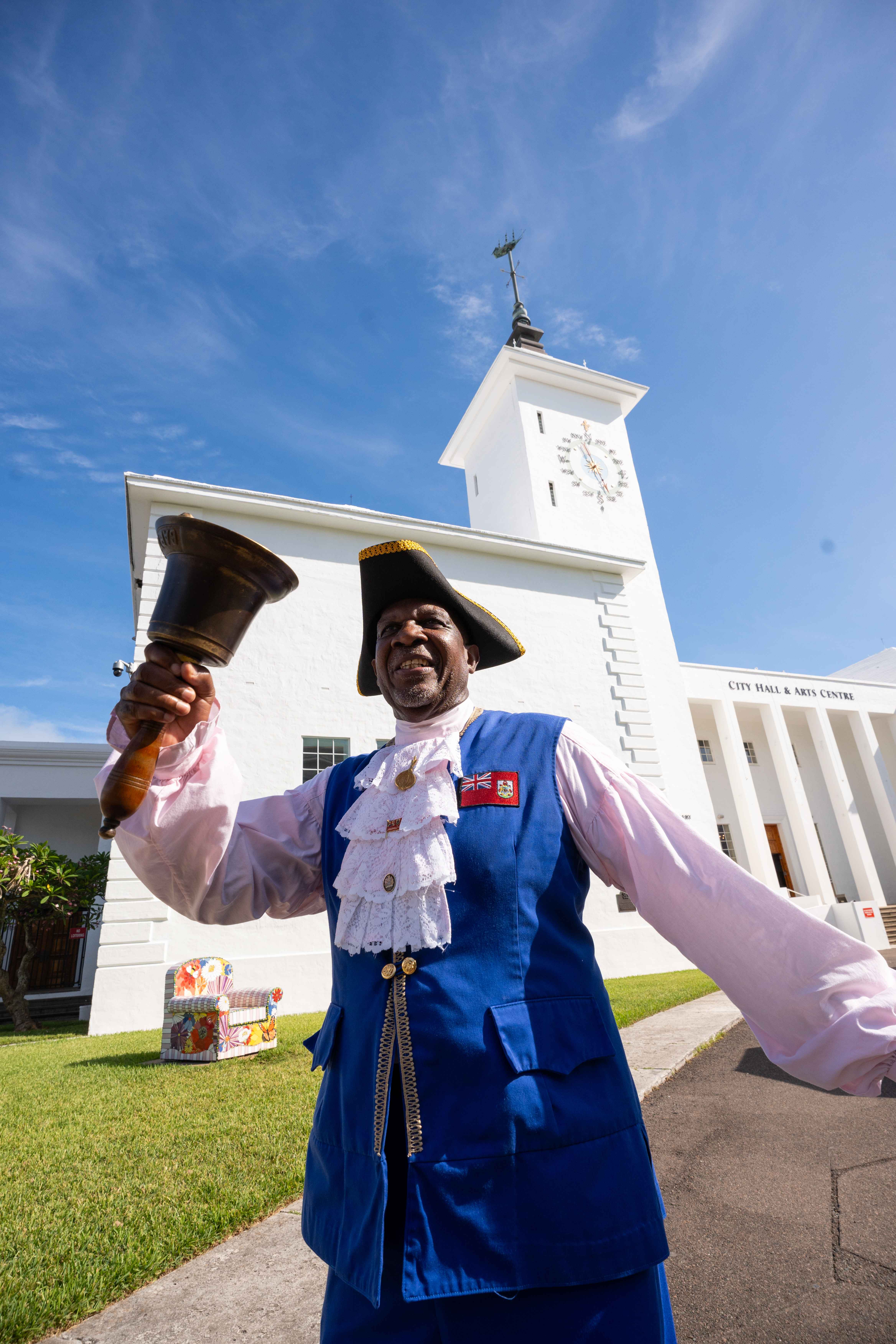 Town Crier Ed Christopher outside of City Hall.