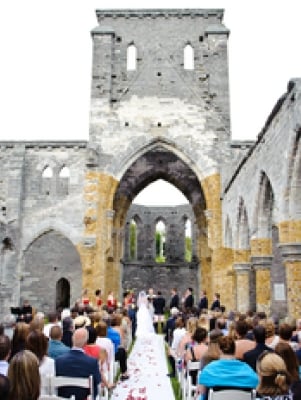 A wedding ceremony in an unfinished church 