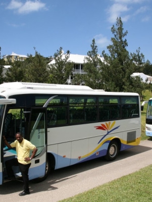 Buses with drivers outside