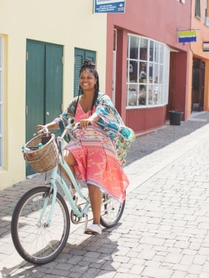 A woman riding a bike in Bermuda