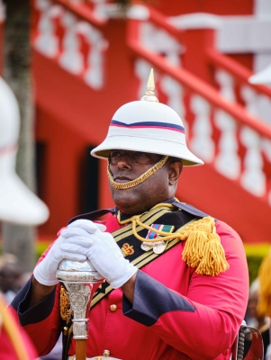 A soldier is in formal regalia at the Peppercorn Ceremony.