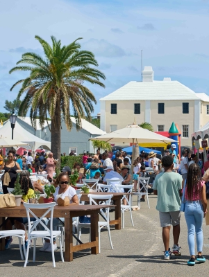 Wide view of a festival happening in the town of St. George.