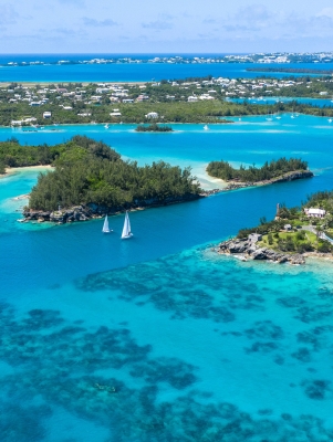 An aerial view of St. George's Harbour with Boats.