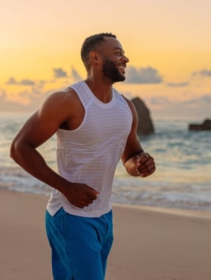 A man is running on the beach smiling.