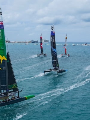 Birds eye view of boats racing during Sail GP.