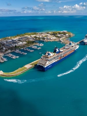 Aerial of cruise ships docked in Dockyard.