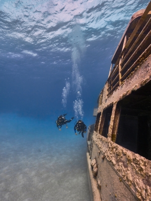 People swimming underwater by a shipwreck.