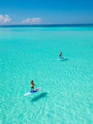 two people paddleboarding with clear waters.