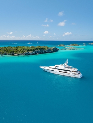 Aerial of Super Yacht in Castle Harbour.