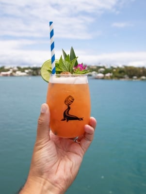 A person is holding a swizzle against a ocean backdrop.