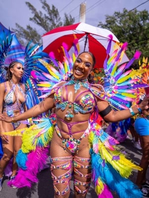 A woman is smiling in a carnival costume.