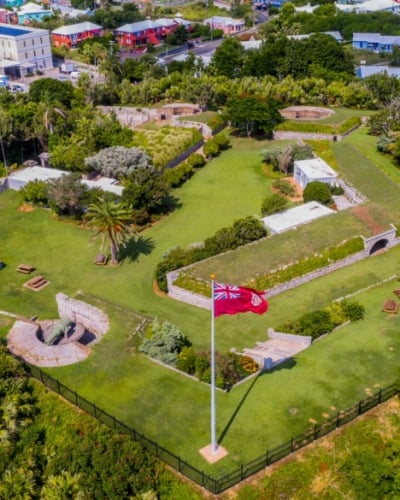 Aerial shot of an old fort and green space