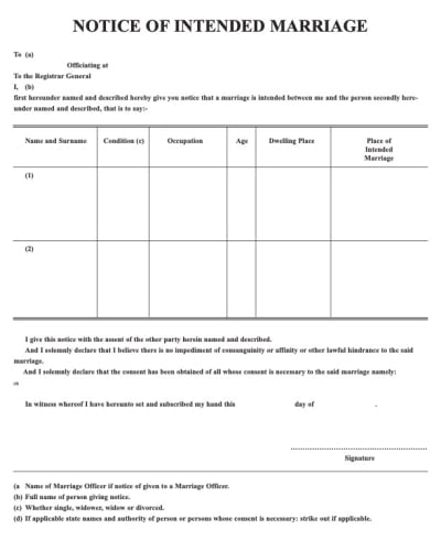 Notice of Intended Marriage Form