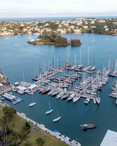 Aerial view of sail boats in a harbour