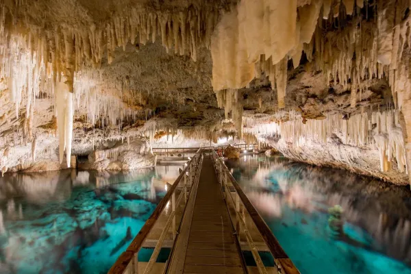 A walkway through a cave