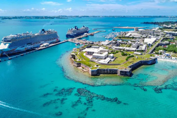 Aerial of a cruise ship docking in the western parish