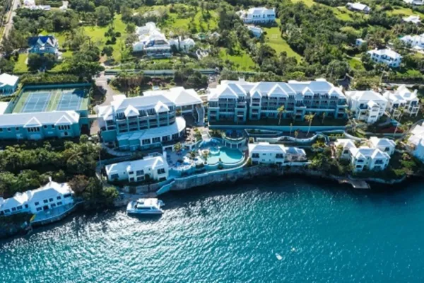 An aerial view of Newstead Belmont Hills Golf Resort & Spa, an oceanfront resort with large windows