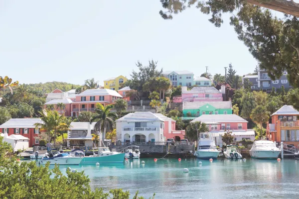 A row of colourful houses on a hill in Flatt Village, Bermuda