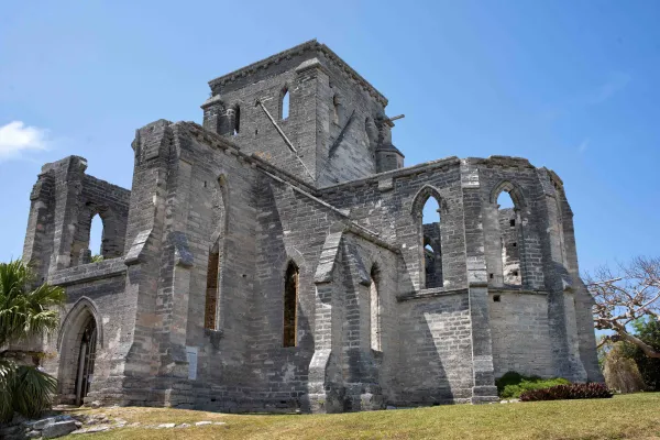 The exterior of the Unfinished Church, a hollowed stone church facade in Bermuda
