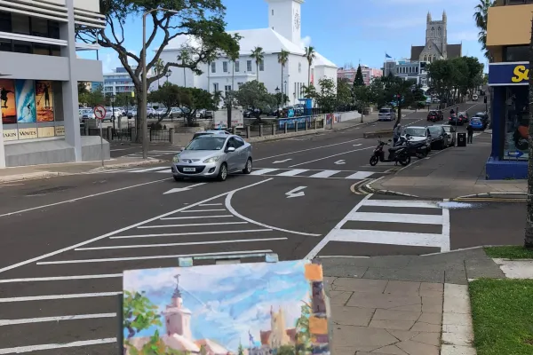 An art canvas in progress, on the streets of Bermuda