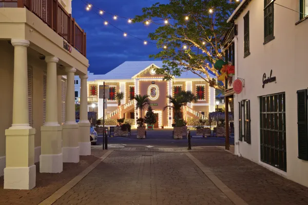 King’s Square in the Town of St. George, Bermuda, illuminated with string lights at night