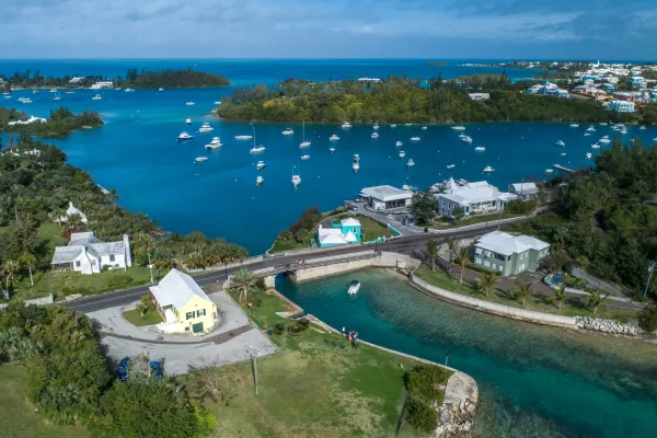 An aerial view of a road bridge on the Bermuda railway trail