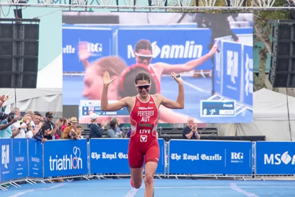 A woman completes a triathalon in Bermuda