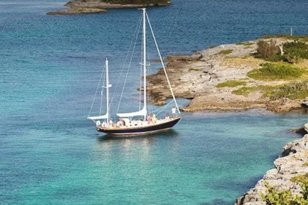 A sailboat anchored in a cove in Bermuda