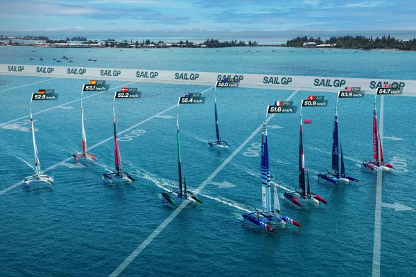Boats with chyrons indicating their speed during a telecast of the Apex Bermuda Sail GP