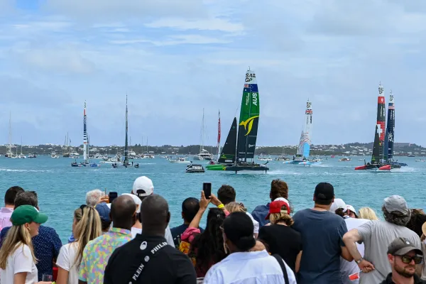 Spectators watch the Apex Bermuda Sail GP from the shore