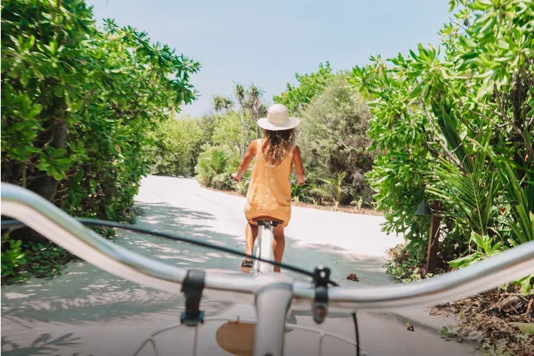 A cyclist follows a friend on a bicycle down a tree-lined path
