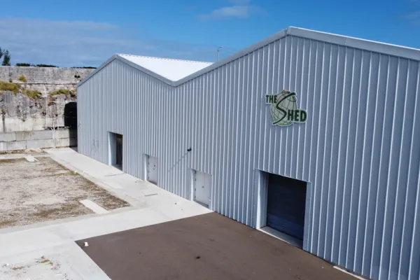 Exterior of the Shed, a warehouse-style meeting venue in Bermuda