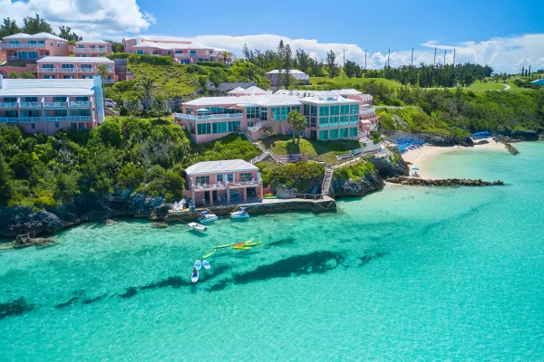 Aerial view of the Pompano Beach Club from the Bermuda shoreline