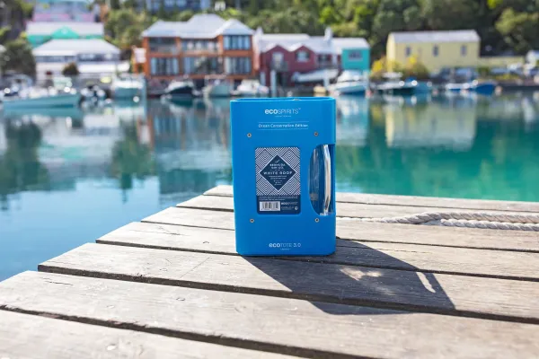 A blue eco spirits cooler on a Bermuda dock