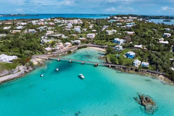 An aerial view of the Bermuda coastline near a cove