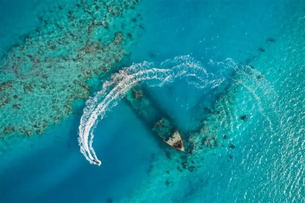 Aerial view of a boat off the coast of Bermuda