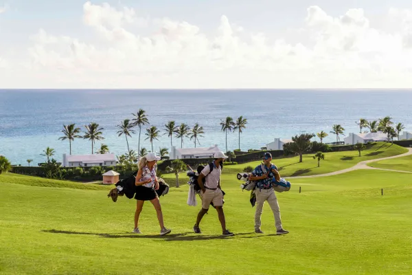 A group of people are golfing.