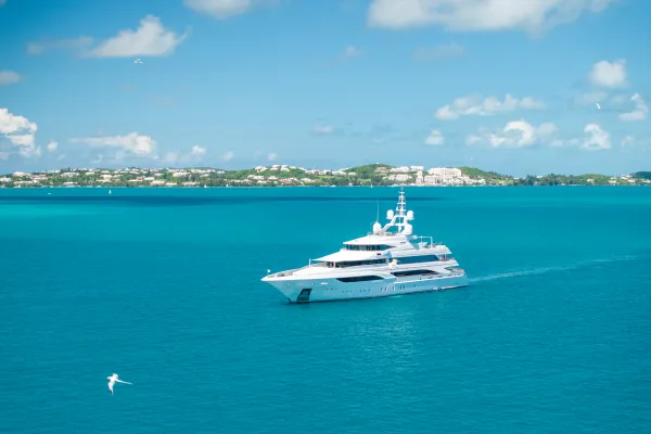 Aerial of a super yacht arriving in Bermuda