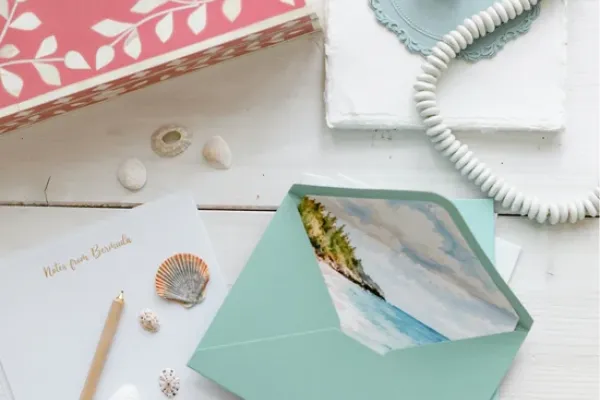 A close up of island themed stationery.