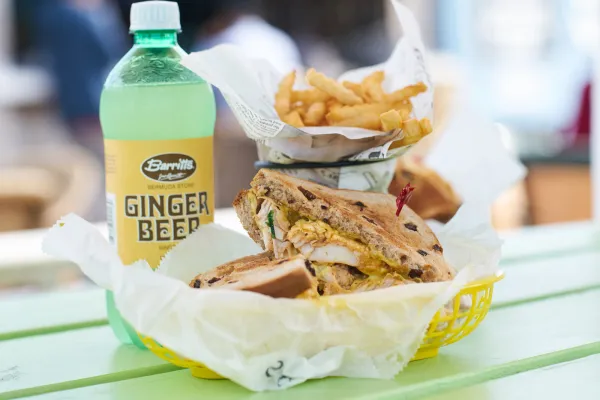 A fish sandwich the fries and ginger beer.