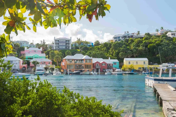 A wide angle shot of colourful Flatts Village.