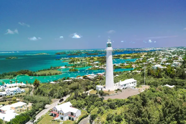 Aerial view of Gibbs Hill Lighthouse and Riddle's Bay
