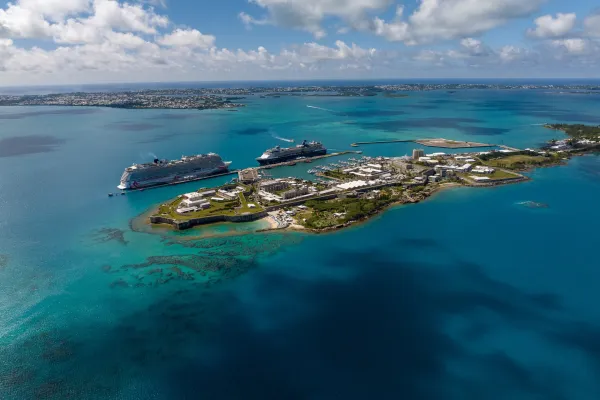 Aerial of Bermuda with cruise ships.